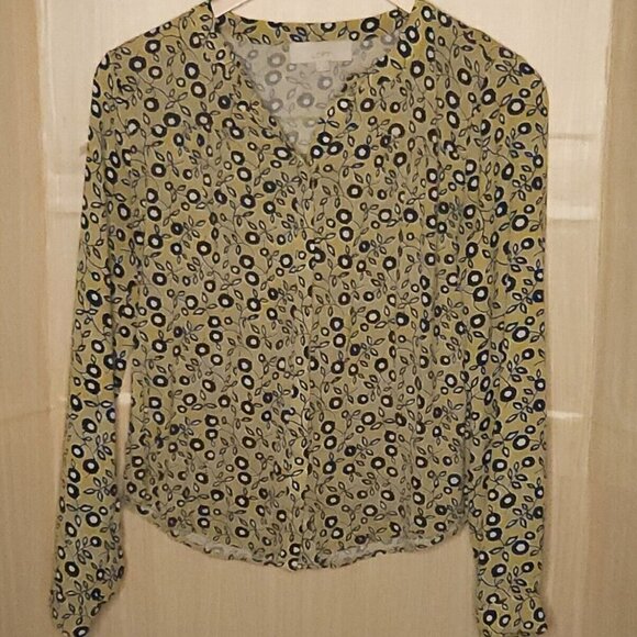 Loft Gold Navy Blue Floral Knit Button Down Medium - Picture 1 of 5